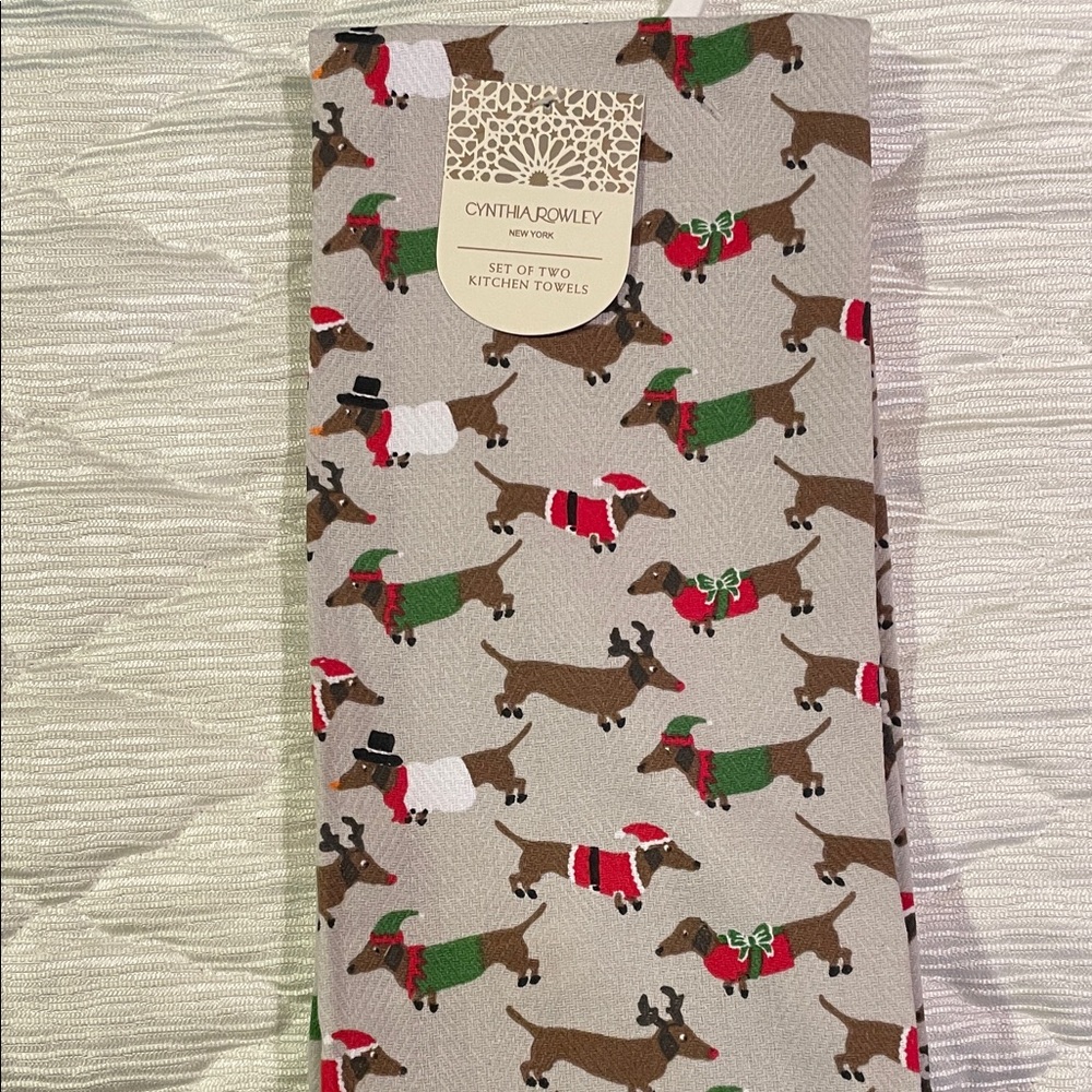 Cynthia Rowley Christmas Festive Dachshund Kitchen Towels set of two